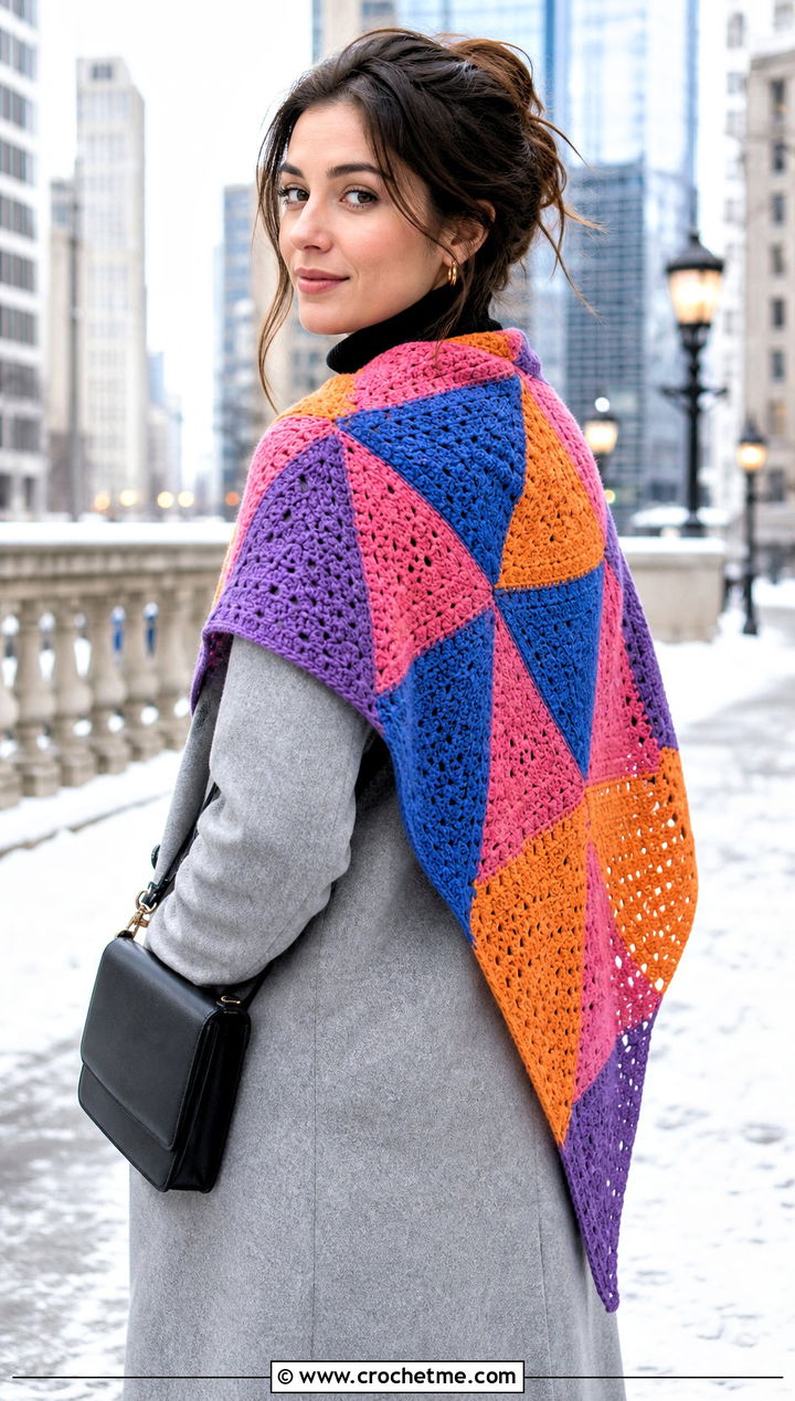 Patchwork Triangle Shawl With Coat And Straight Leg Pants - 30 easy crochet triangle shawl outfit ideas