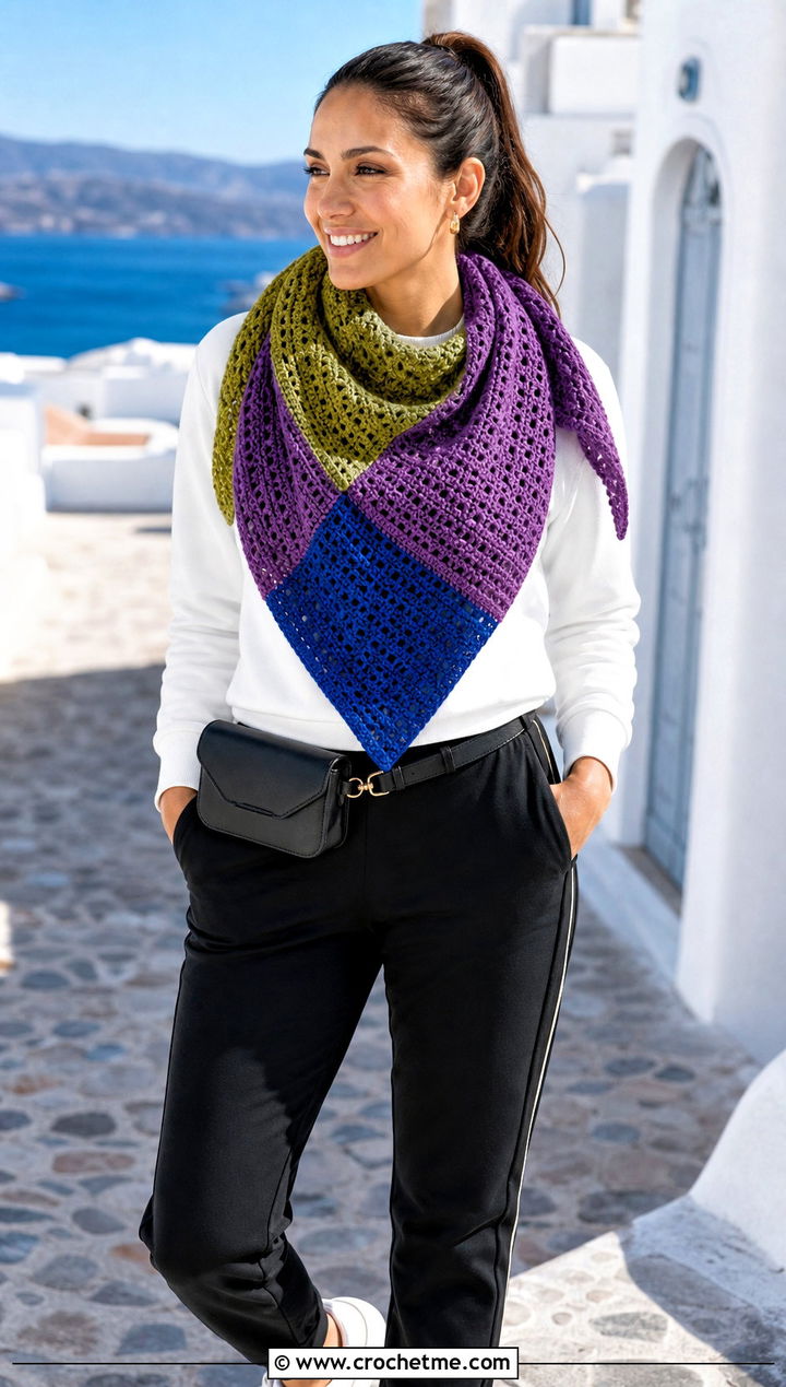 Patchwork Triangular Crochet Shawl With Track Pants - 25 triangular crochet shawl outfit ideas