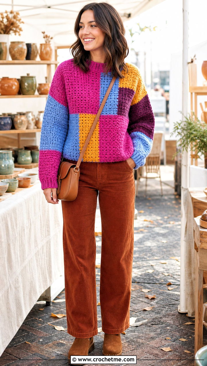 Patchwork Triple Crochet Sweater With Corduroy Pants - 20 Triple Crochet Sweater outfit ideas