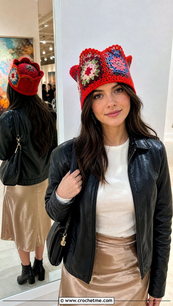 Patchwork Tulip Hat With Leather Jacket And Midi Skirt - 30 crochet tulip hat outfit ideas