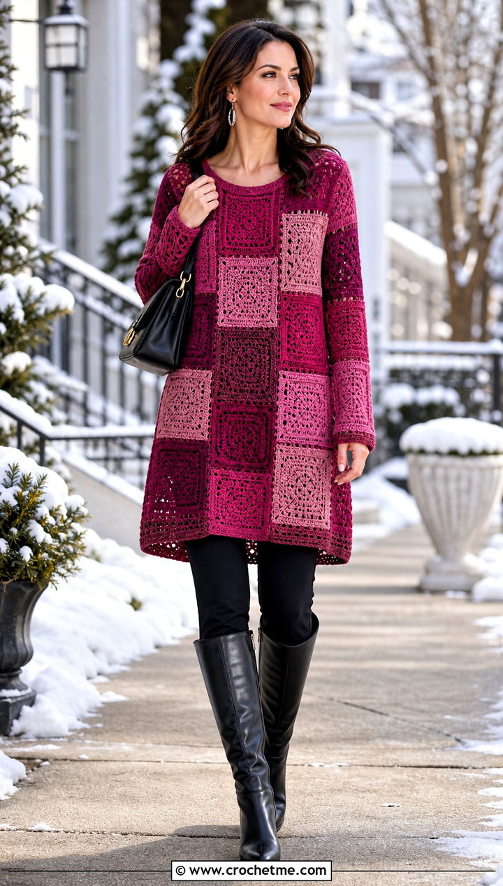 Patchwork Tunic Jumper With Knee High Boots - 15 crochet patchwork jumper outfit ideas