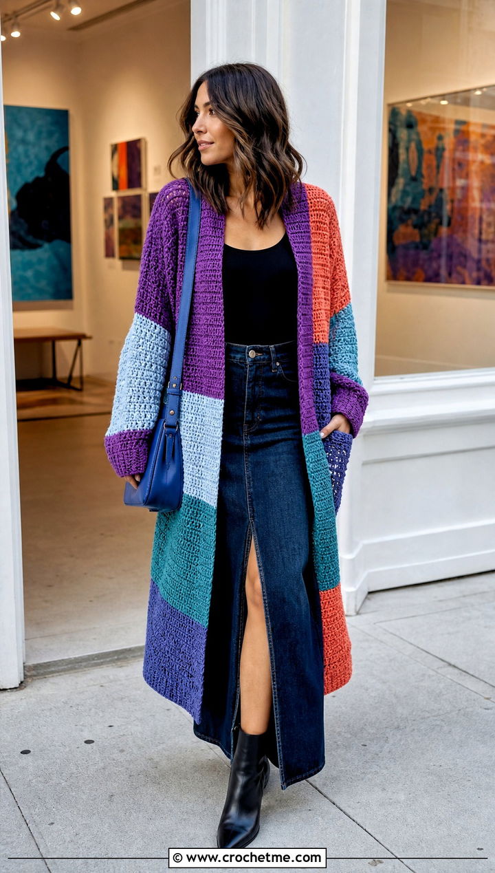 Patchwork Tunisian Cardigan With Denim Maxi Skirt - 20 Crochet Tunisian Cardigan outfit ideas