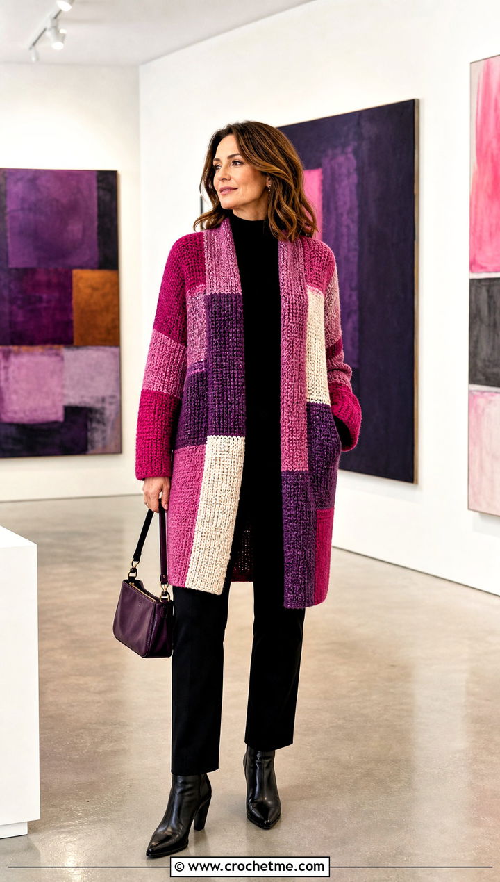 Patchwork Tunisian Cardigan With Monochrome Basics - 35 tunisian crochet cardigan outfit ideas