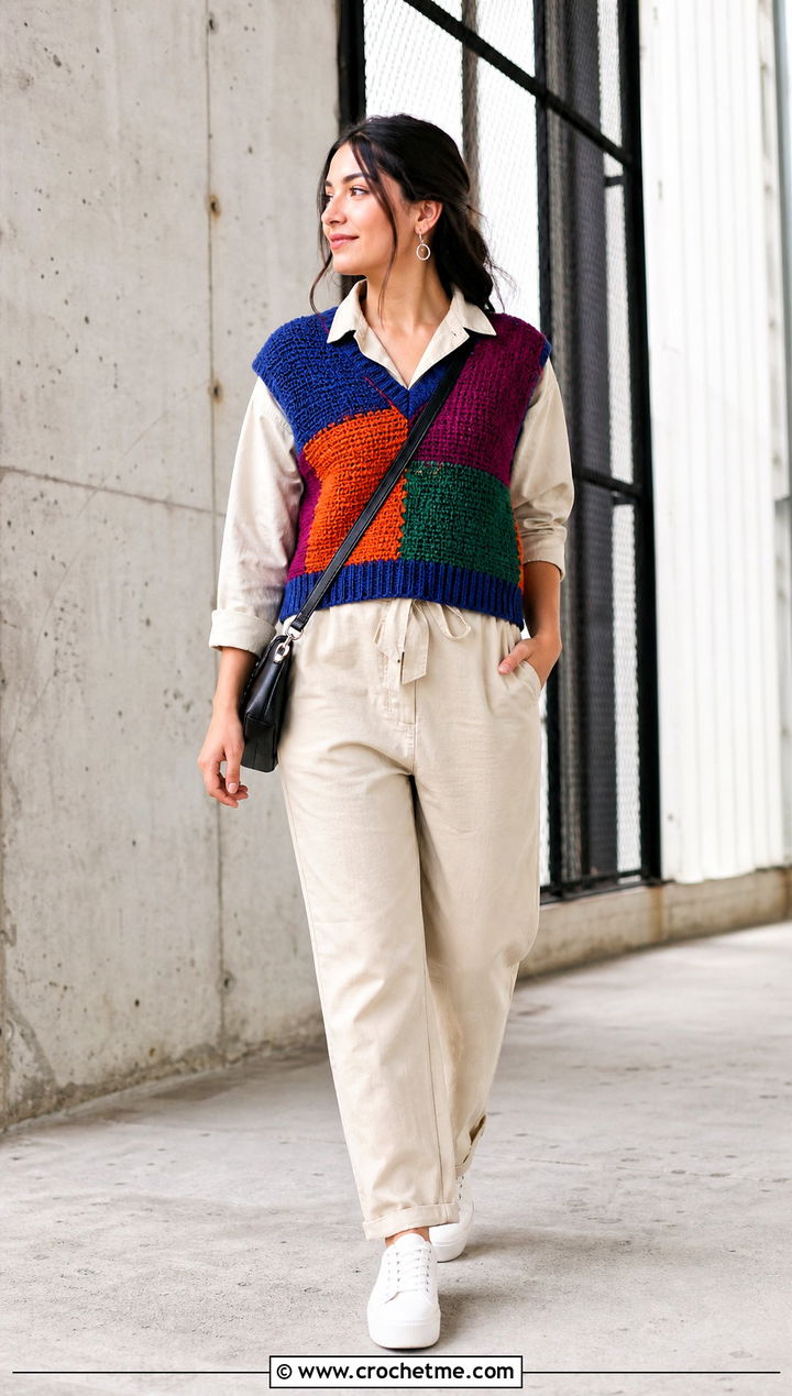 Patchwork Tunisian Crochet Sweater Vest With Utility Jumpsuit - 25 tunisian crochet sweater vest outfit ideas