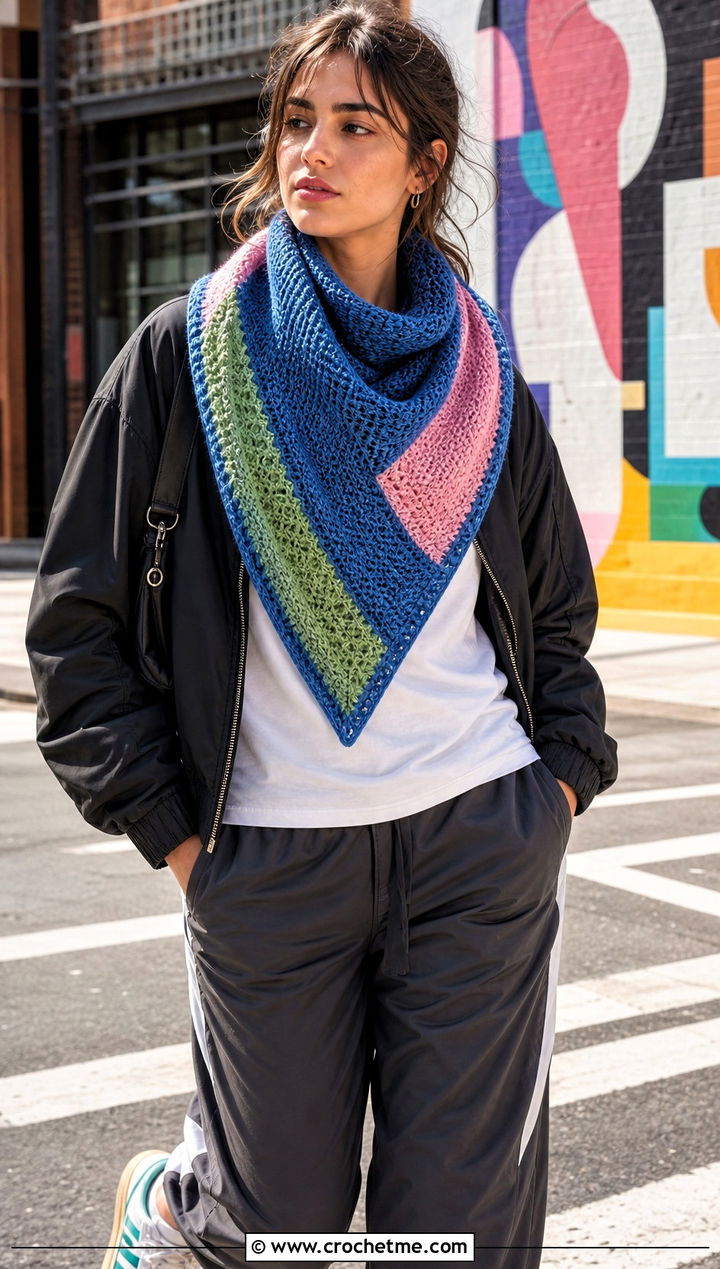 Patchwork Tunisian Crochet Triangle Shawl With Bomber Jacket - 25 Tunisian Crochet Triangle Shawl outfit ideas