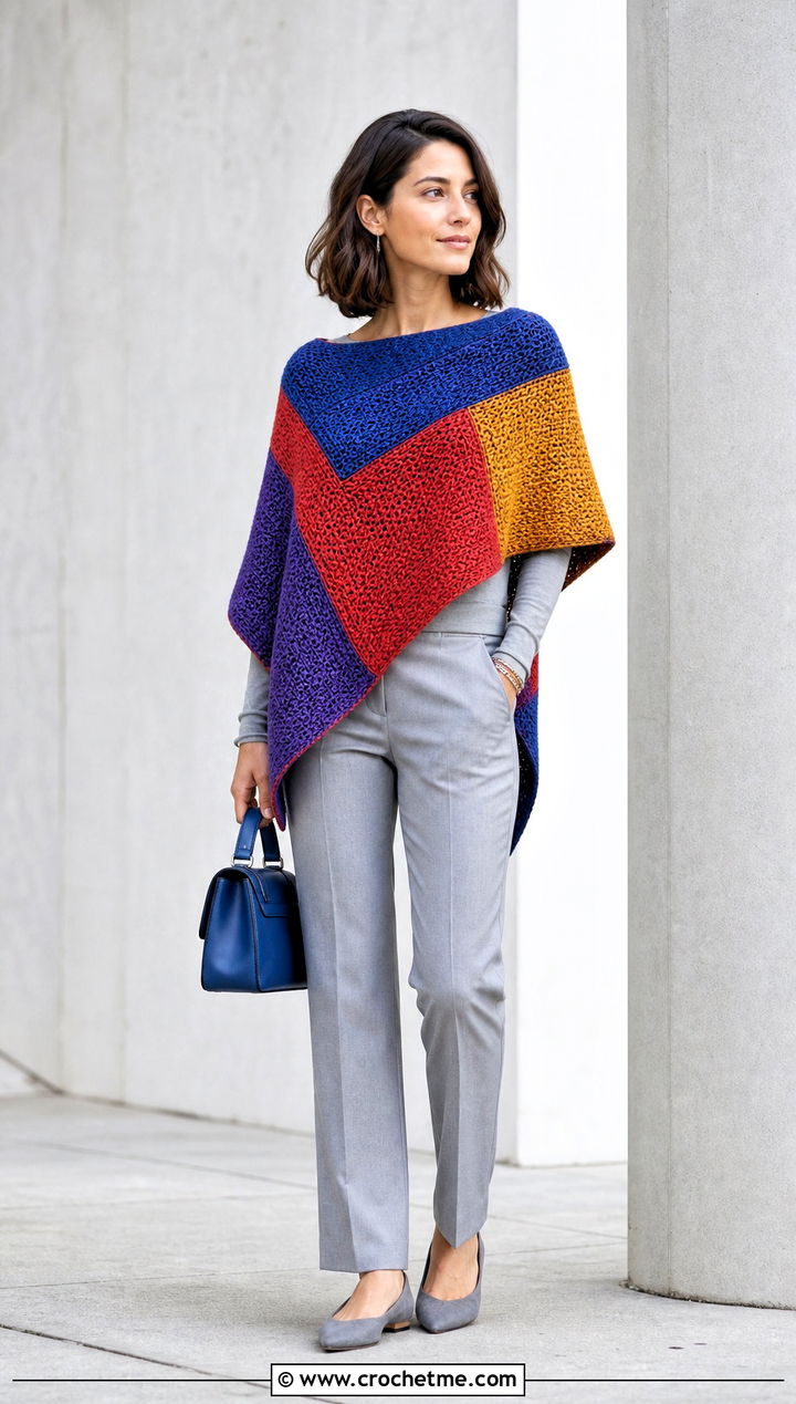 Patchwork Tunisian Poncho With A Monochrome Outfit - 30 tunisian crochet poncho outfit ideas