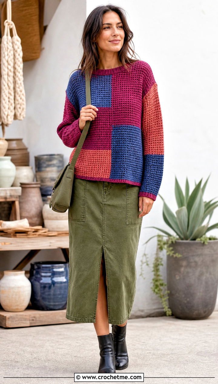 Patchwork Tunisian Sweater With Utility Skirt - 35 tunisian crochet sweater outfit ideas