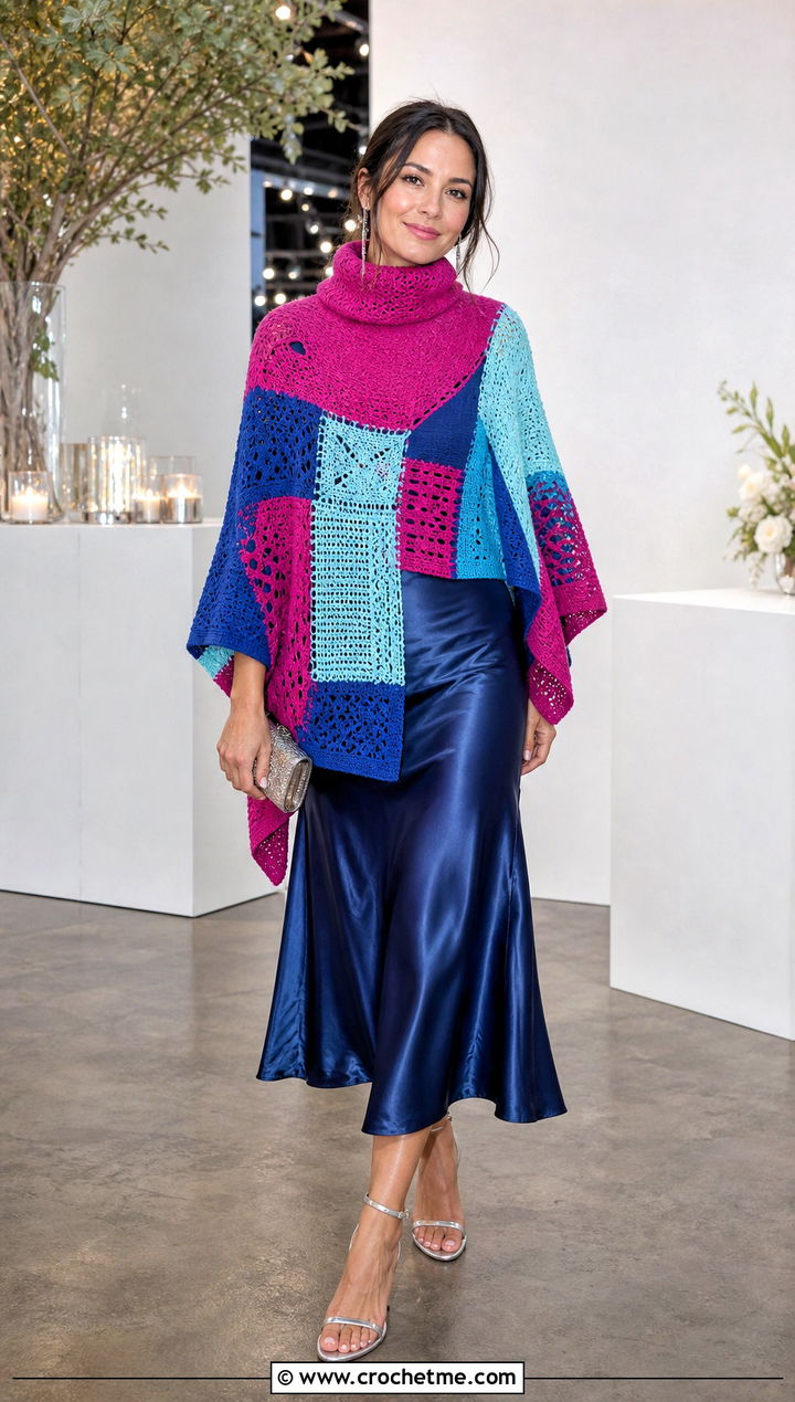 Patchwork Turtle Neck Crochet Poncho With A Satin Midi Skirt - 25 Turtle Neck Crochet Poncho outfit ideas