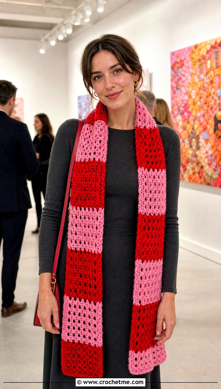 Patchwork Two Tone Crochet Scarf With Midi Dress - 25 two tone crochet scarf outfit ideas