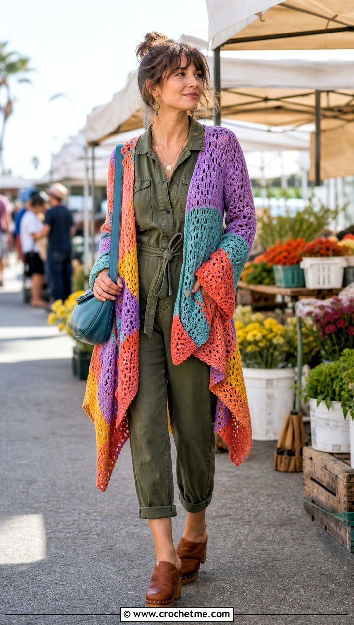 Patchwork Uneven Hem Crochet Cardigan With Utility Jumpsuit - 30 crochet asymmetrical cardigan outfit ideas