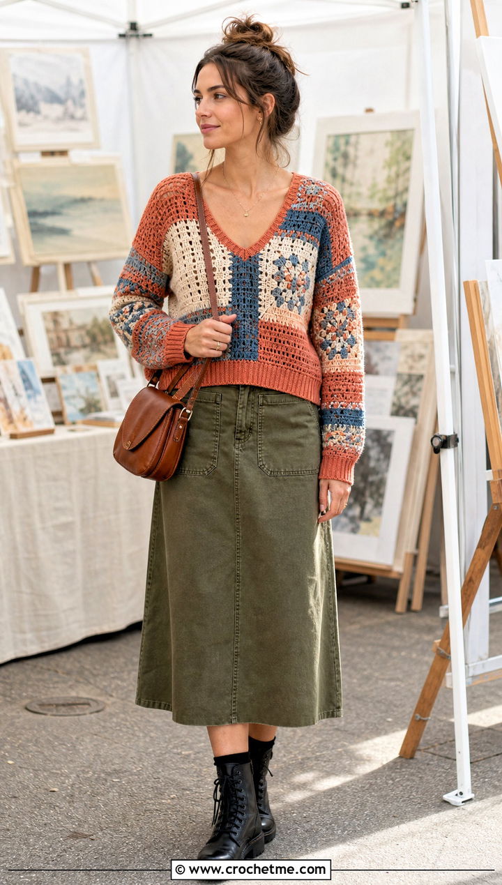Patchwork V Neck Crochet Sweater With Utility Skirt - 35 v neck crochet sweater outfit ideas