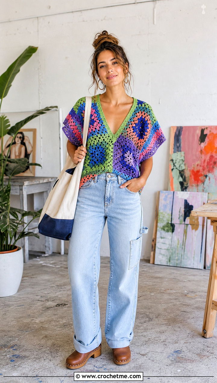 Patchwork V Neck Crochet Top With Carpenter Jeans - 35 v neck crochet top outfit ideas