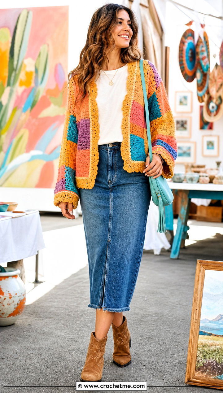 Patchwork Velvet Crochet Cardigan With Denim Midi Skirt - 15 velvet crochet cardigan outfit ideas