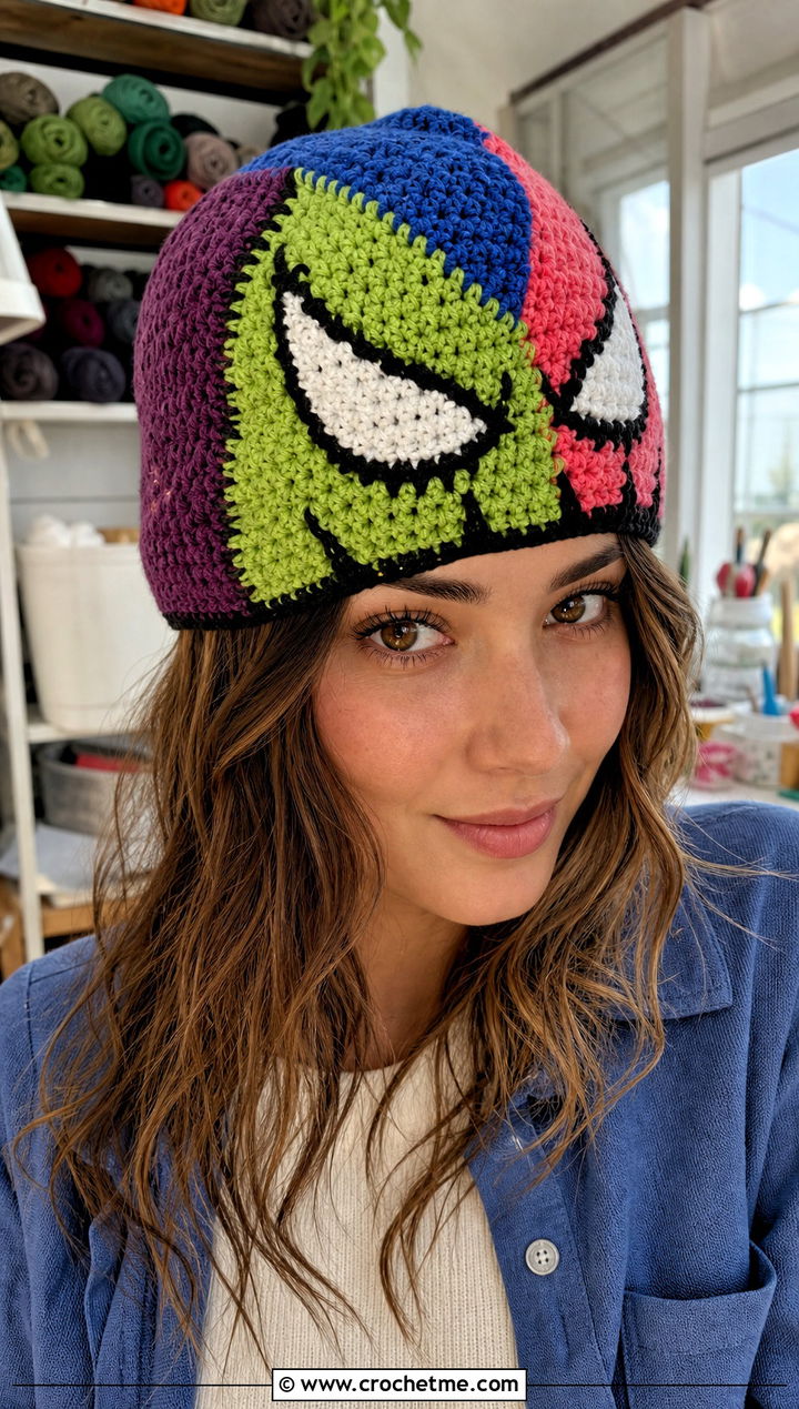 Patchwork Venom Crochet Beanie With Neutral Layers - 25 venom crochet beanie outfit ideas