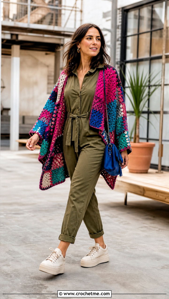 Patchwork Vintage Crochet Poncho With Utility Jumpsuit - 15 Vintage Crochet Poncho outfit ideas