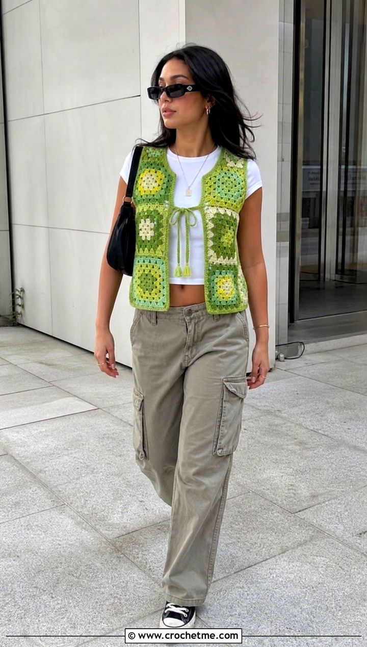 Patchwork Vintage Crochet Vest With Cargo Pants - 25 Vintage Crochet Vest outfit ideas