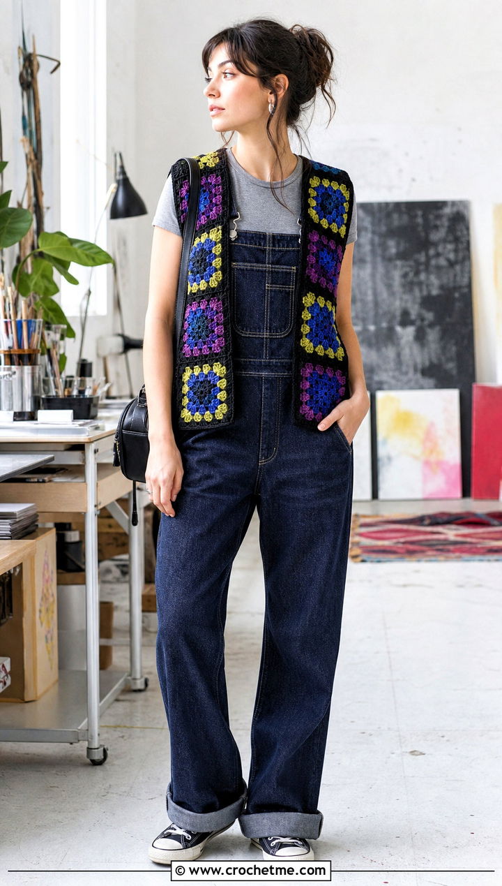 Patchwork Wednesday Crochet Vest With Overalls - 30 wednesday crochet vest outfit ideas
