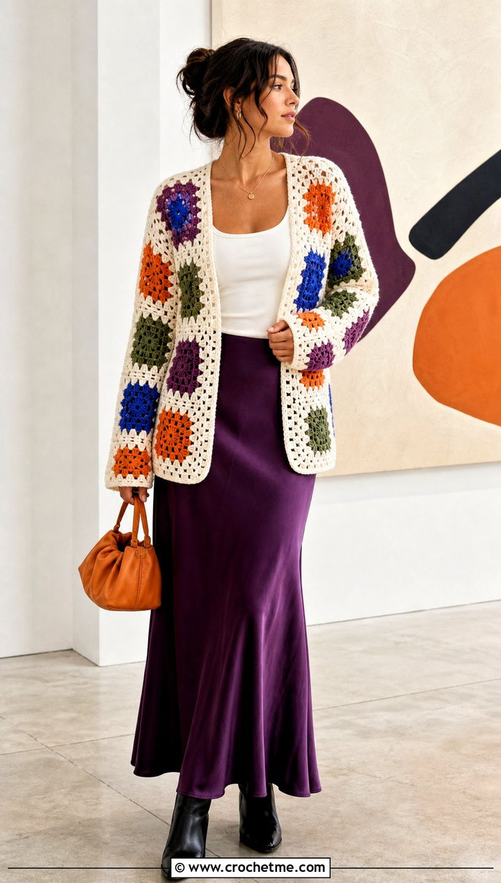 Patchwork White Crochet Cardigan With Bias Cut Maxi Skirt - 15 white crocheted cardigan on table outfit ideas