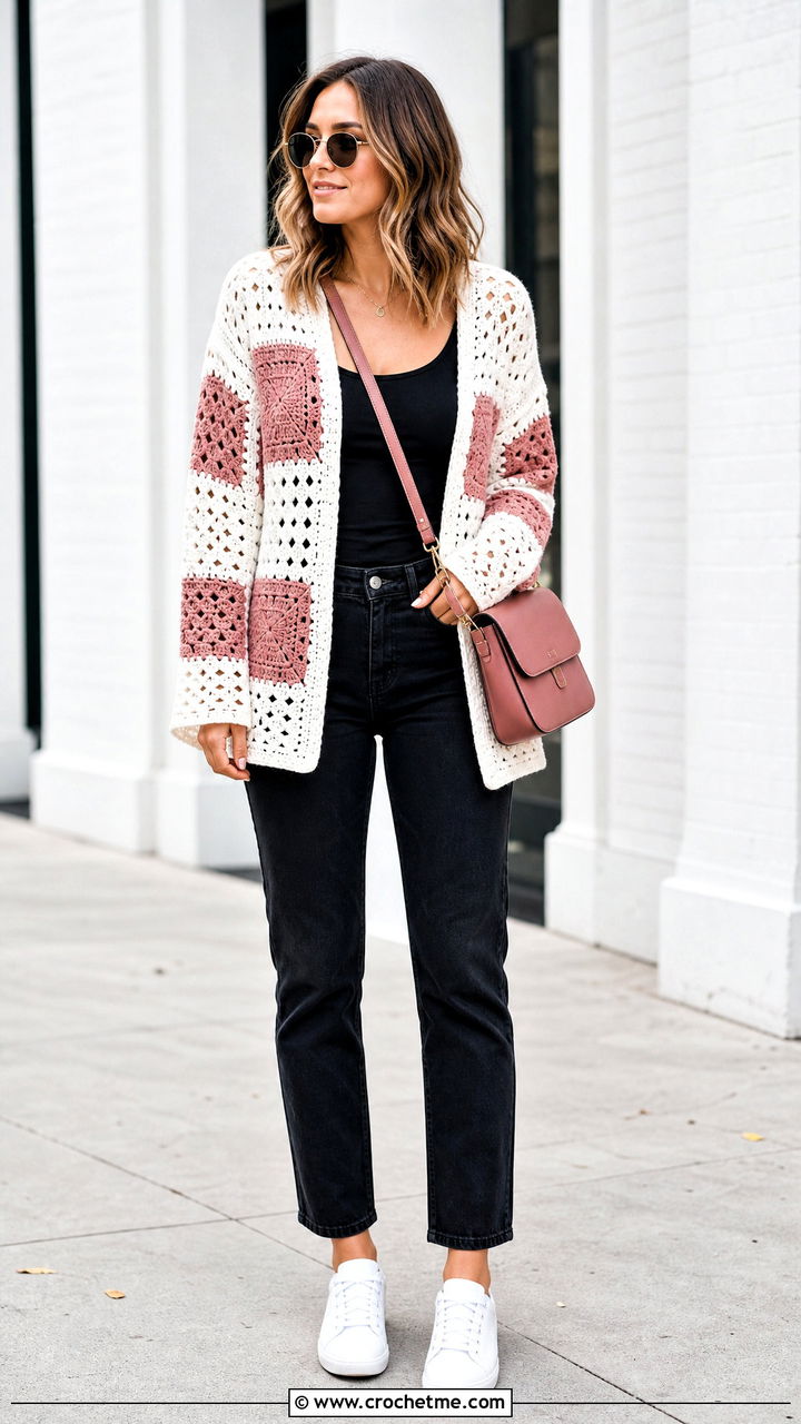 Patchwork White Crochet Cardigan With Black Jeans - 35 White Crochet Cardigan Outfit ideas