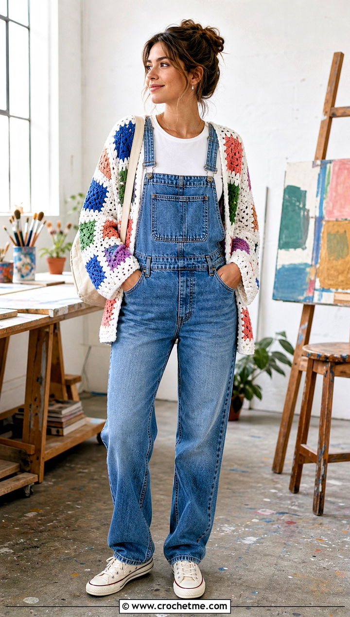 Patchwork White Crochet Cardigan With Denim Overalls - 35 crochet white cardigan outfit ideas