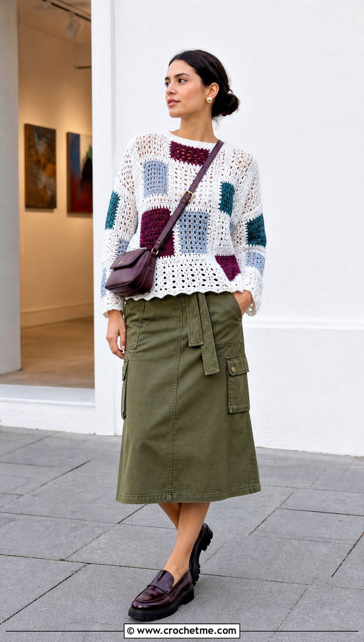 Patchwork White Crochet Sweater With Utility Skirt - 35 crochet white sweater outfit ideas