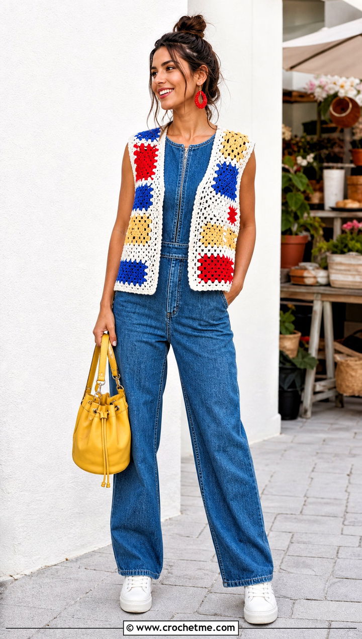 Patchwork White Crochet Vest With Denim Jumpsuit - 35 white crochet vest outfit ideas