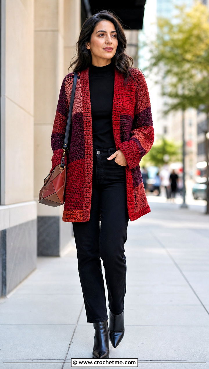 Patchwork Worsted Weight Crochet Cardigan With Black Denim - 25 Worsted Weight Crochet Cardigan outfit ideas