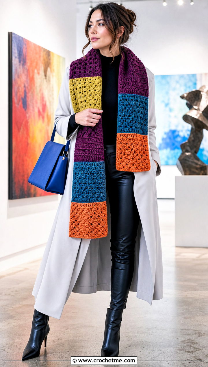 Patchwork Worsted Weight Crochet Scarf With Duster Coat - 20 Crochet Scarf Worsted Weight Yarn outfit ideas