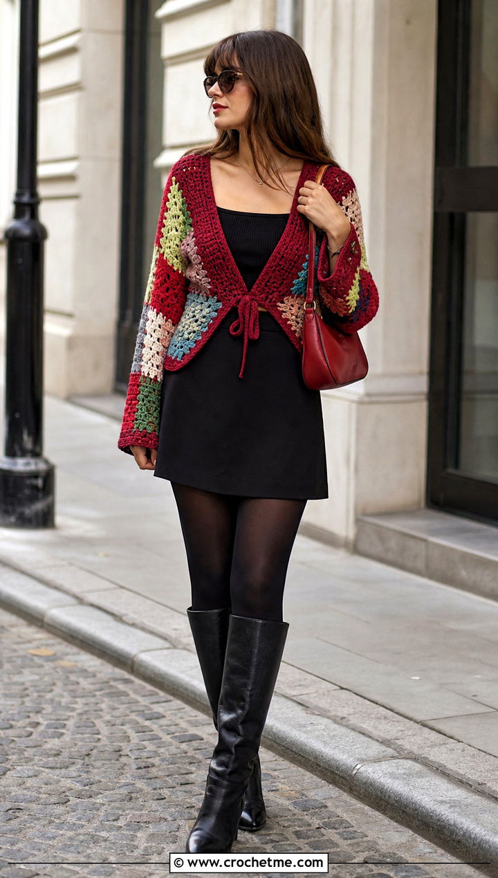 Patchwork Wrap Crochet Cardigan With Mini Skirt - 30 wrap crochet cardigan outfit ideas