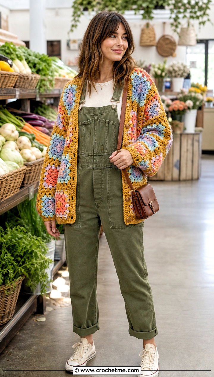 Patchwork Yellow Crochet Cardigan With Utility Overalls - 30 yellow crochet cardigan outfit ideas