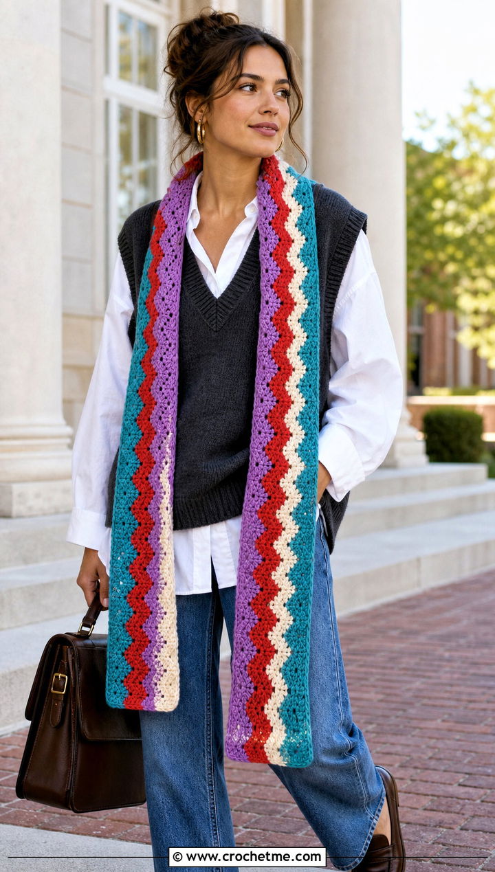 Patchwork Zig Zag Crochet Scarf With Sweater Vest - 25 Zig Zag Crochet Scarf outfit ideas