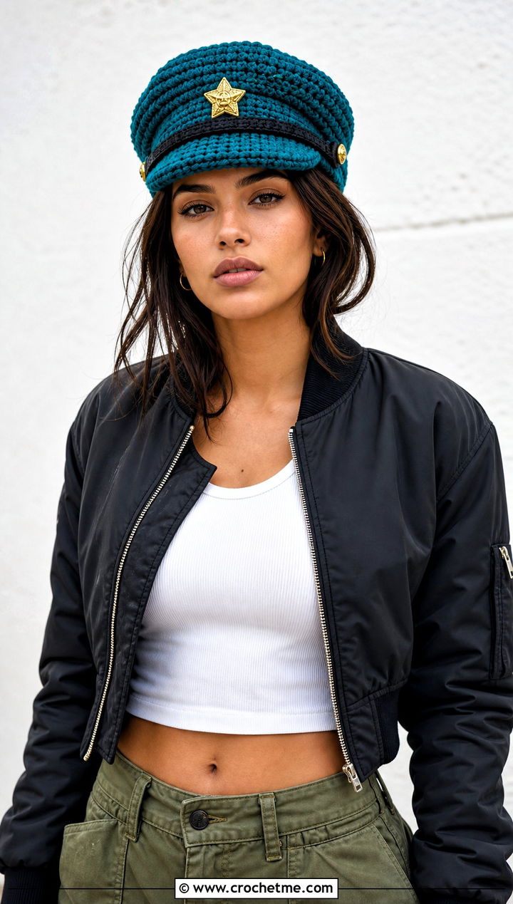 Patrol Crochet Police Hat With Bomber Jacket And Cargo Pants - 30 crochet police hat outfit ideas