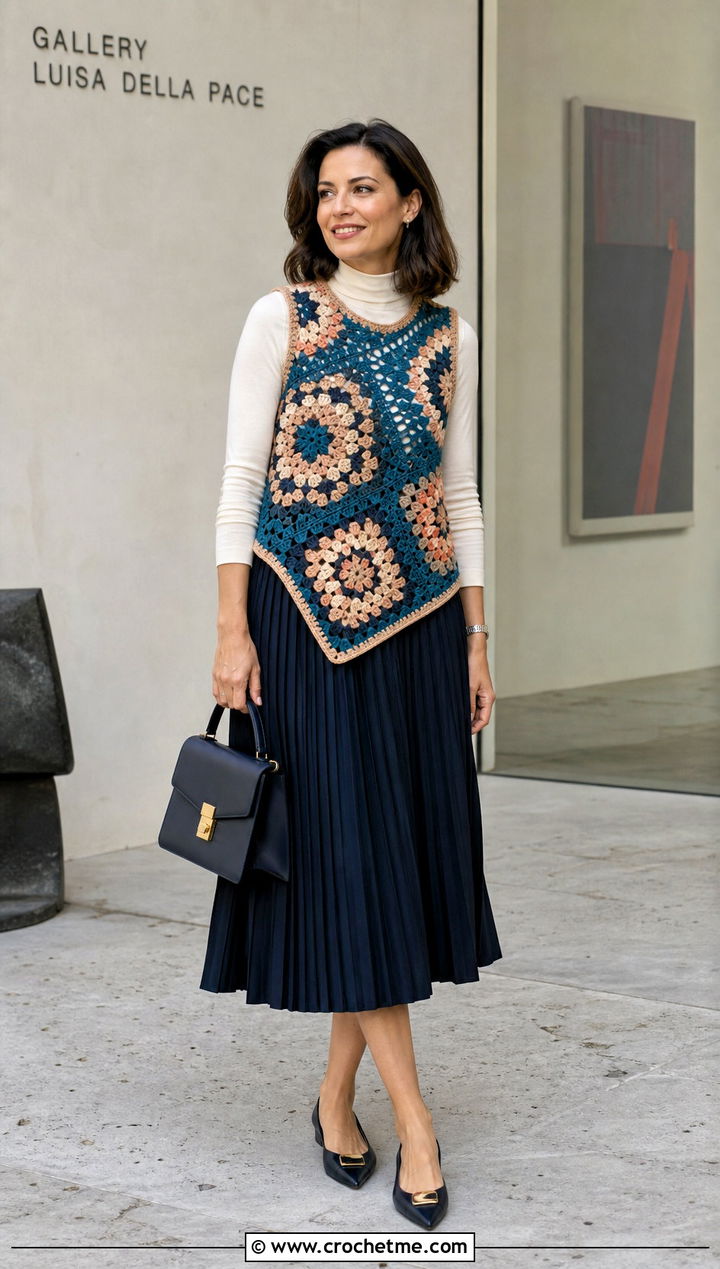 Paul McCartney Asymmetrical Crochet Vest With Pleated Midi Skirt - 35 paul mccartney crochet vest outfit ideas