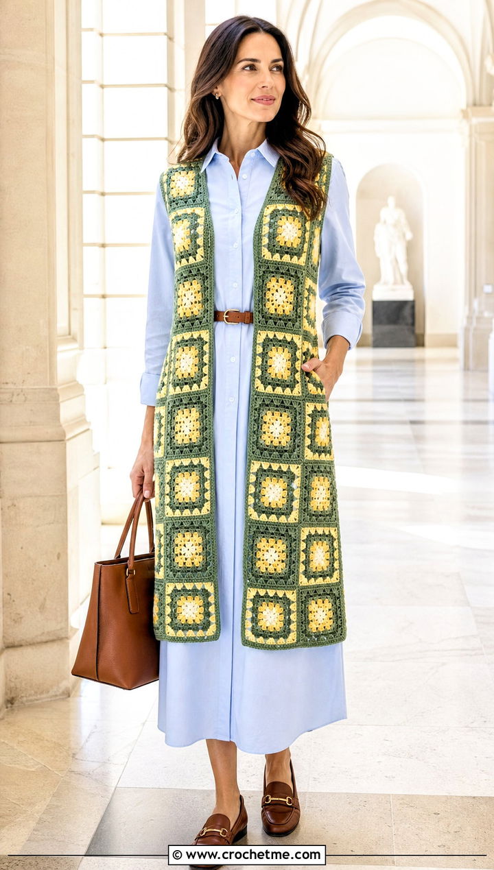 Paul McCartney Belted Crochet Vest With Shirt Dress - 35 paul mccartney crochet vest outfit ideas