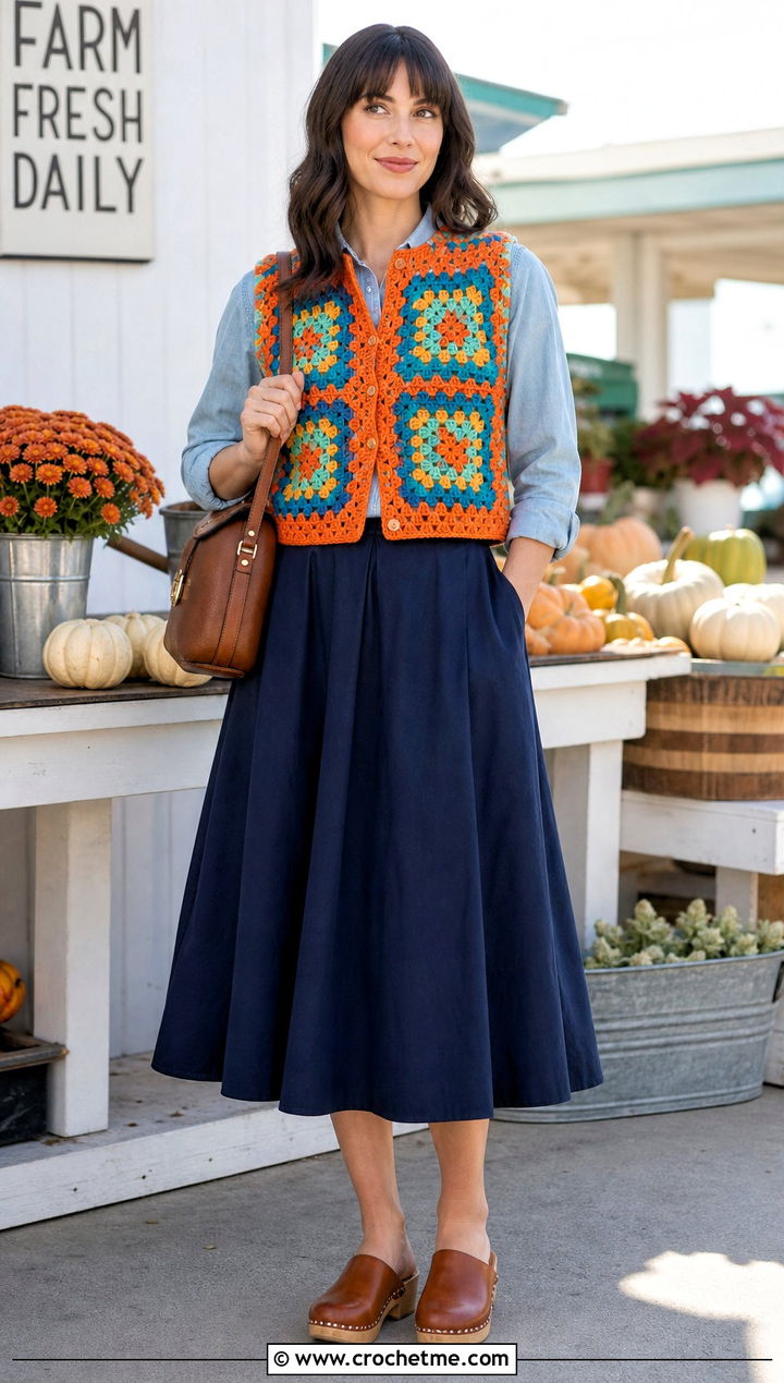 Paul McCartney Boxy Crochet Vest With Denim Shirt And Midi Skirt - 35 paul mccartney crochet vest outfit ideas