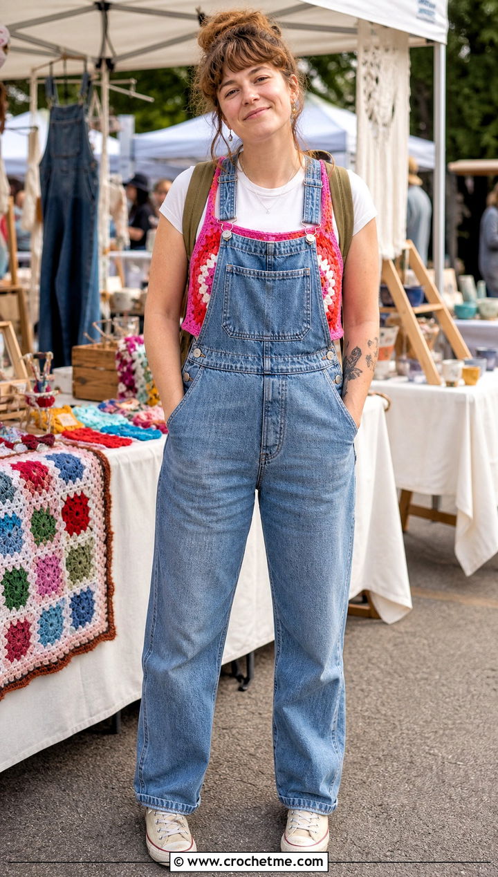 Paul McCartney Cropped Crochet Vest With Denim Overalls - 35 paul mccartney crochet vest outfit ideas