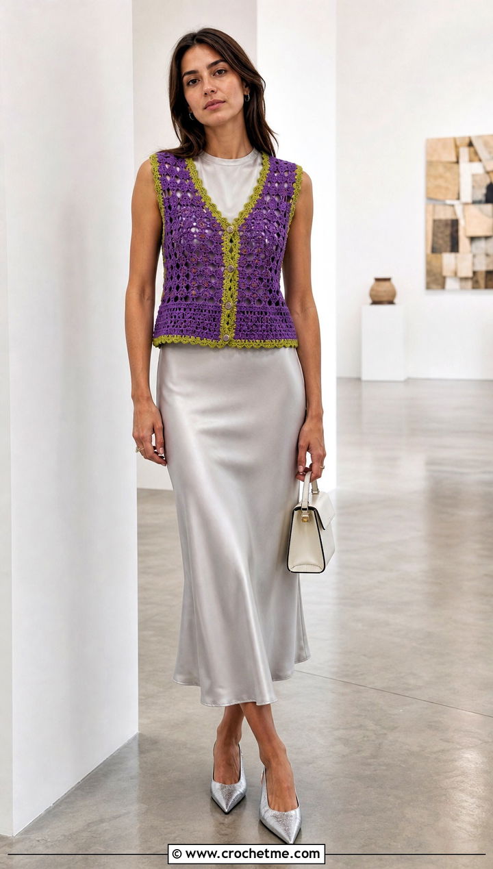 Paul McCartney Fitted Crochet Vest With Satin Midi Skirt - 35 paul mccartney crochet vest outfit ideas