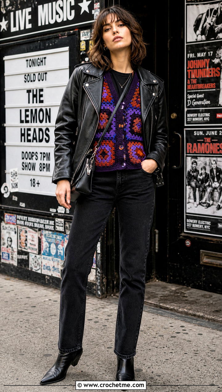 Paul McCartney Granny Square Crochet Vest With Biker Jacket And Black Jeans - 35 paul mccartney crochet vest outfit ideas
