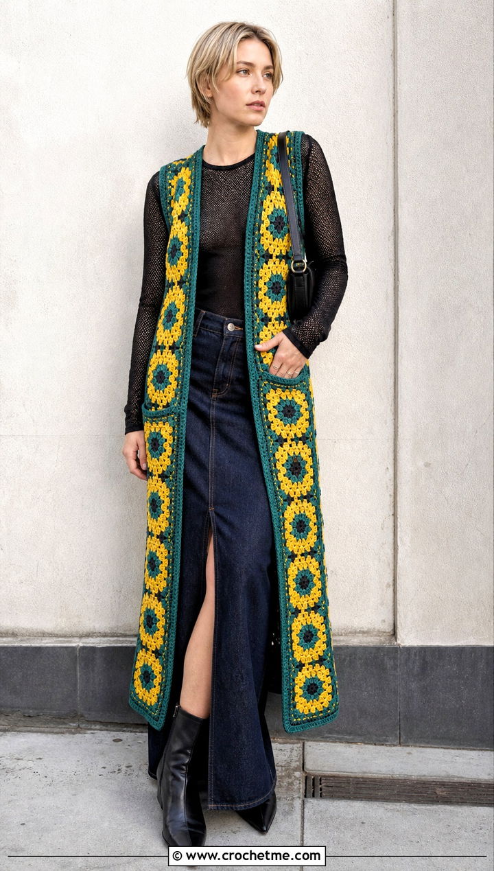 Paul McCartney Longline Crochet Vest With Mesh Top And Denim Maxi Skirt - 35 paul mccartney crochet vest outfit ideas