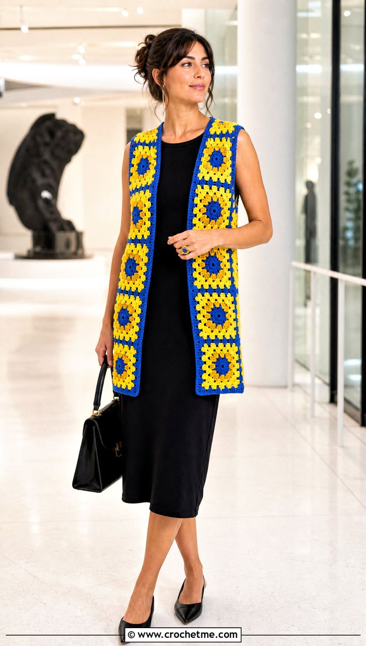 Paul McCartney Open Front Crochet Vest With Black Midi Dress - 35 paul mccartney crochet vest outfit ideas