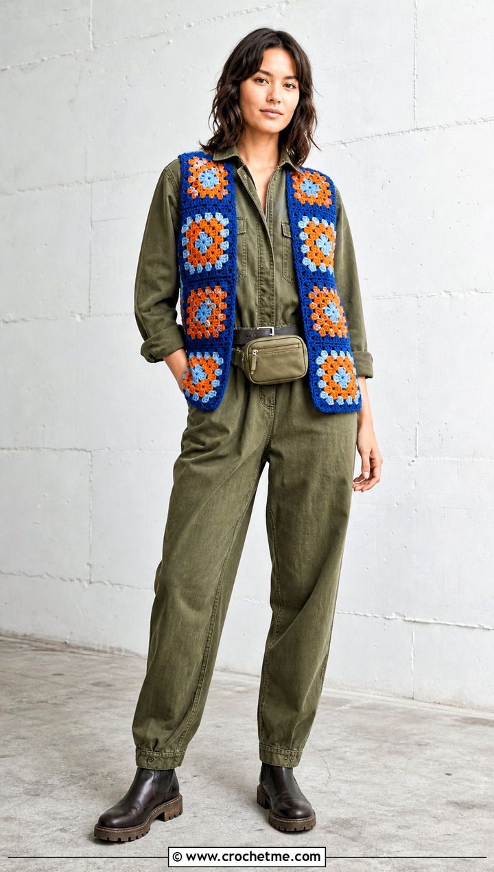 Paul McCartney Open Front Crochet Vest With Utility Jumpsuit - 35 paul mccartney crochet vest outfit ideas