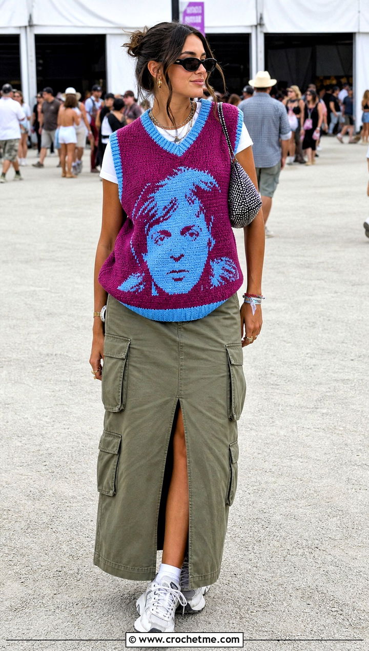 Paul McCartney Oversized Crochet Vest With Cargo Maxi Skirt - 35 paul mccartney crochet vest outfit ideas