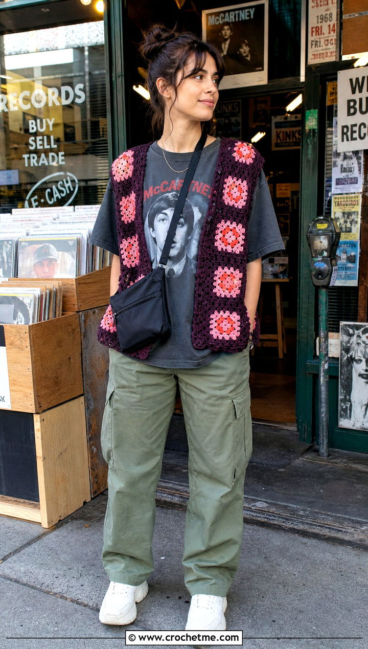 Paul McCartney Oversized Crochet Vest With Graphic T Shirt And Cargo Pants - 35 paul mccartney crochet vest outfit ideas
