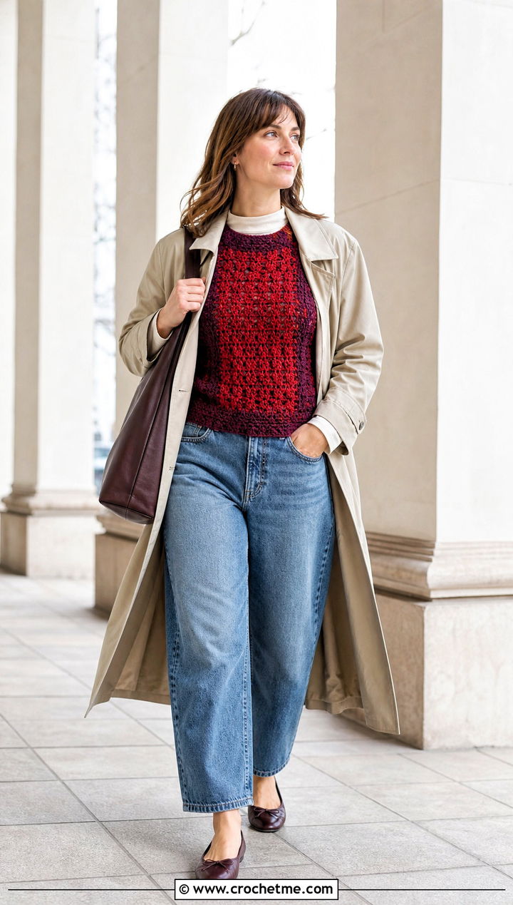 Paul McCartney Pullover Crochet Vest With Trench Coat And Barrel Jeans - 35 paul mccartney crochet vest outfit ideas