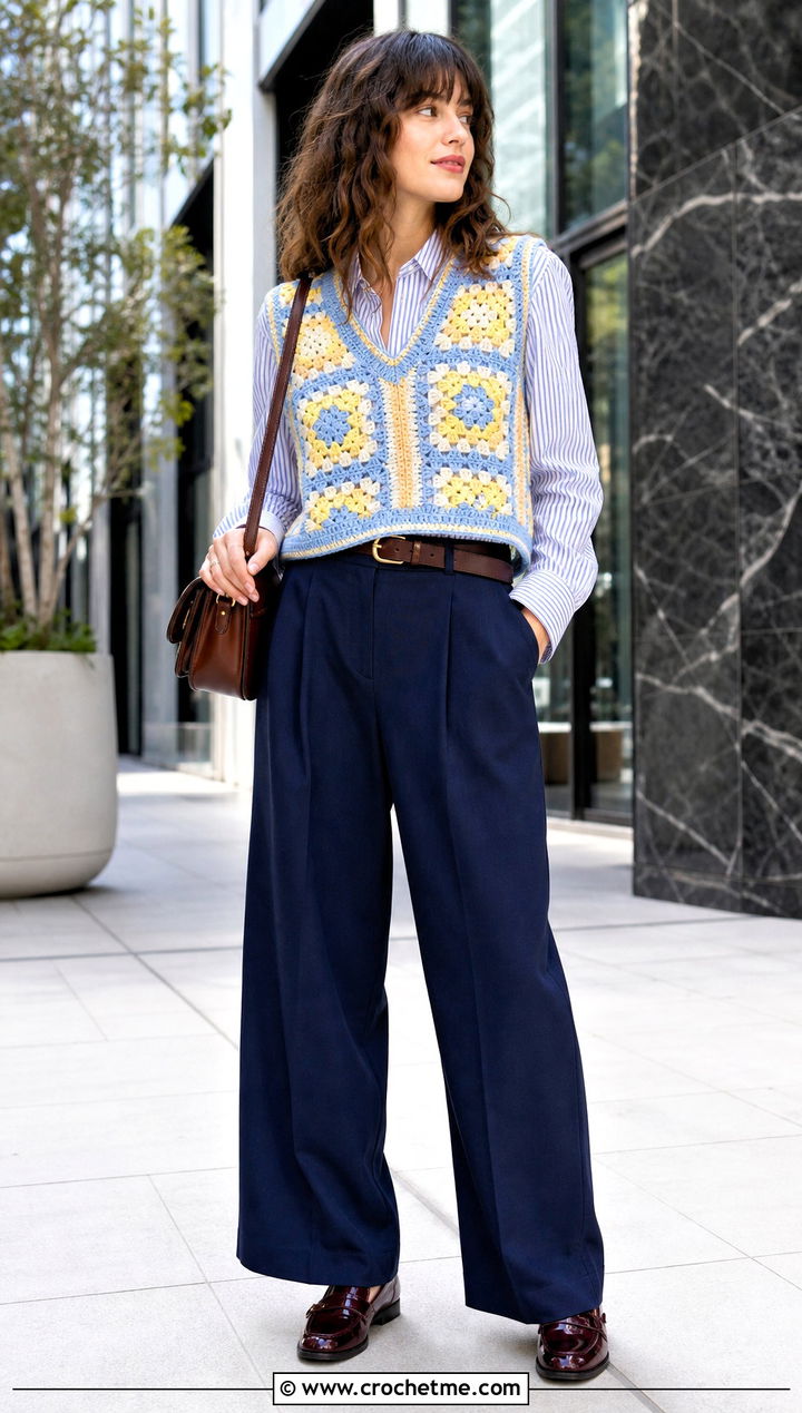 Paul McCartney V Neck Crochet Vest With Striped Shirt And Trousers - 35 paul mccartney crochet vest outfit ideas