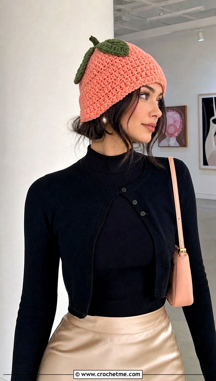 Peach Crochet Beanie With Satin Skirt - 30 crochet fruit beanie outfit ideas