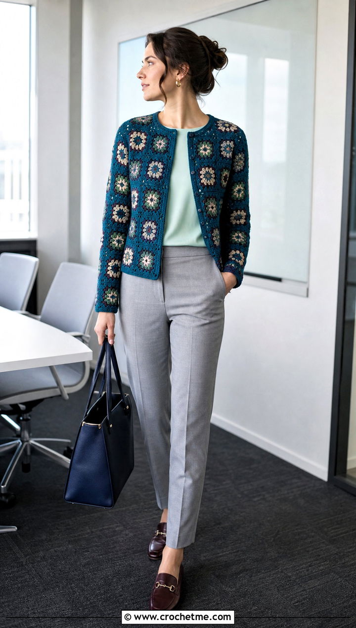 Peacock Blue Fitted Granny Square Cardigan With Cigarette Pants - 30 blue granny square cardigan outfit ideas