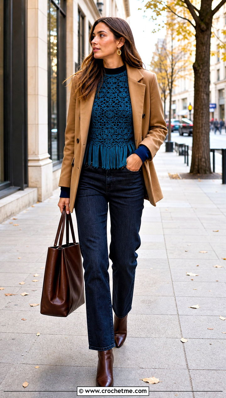 Peacock Blue High Neck Fringe Top With A Blazer And Jeans - 15 Blue Crochet Top With Fringes outfit ideas