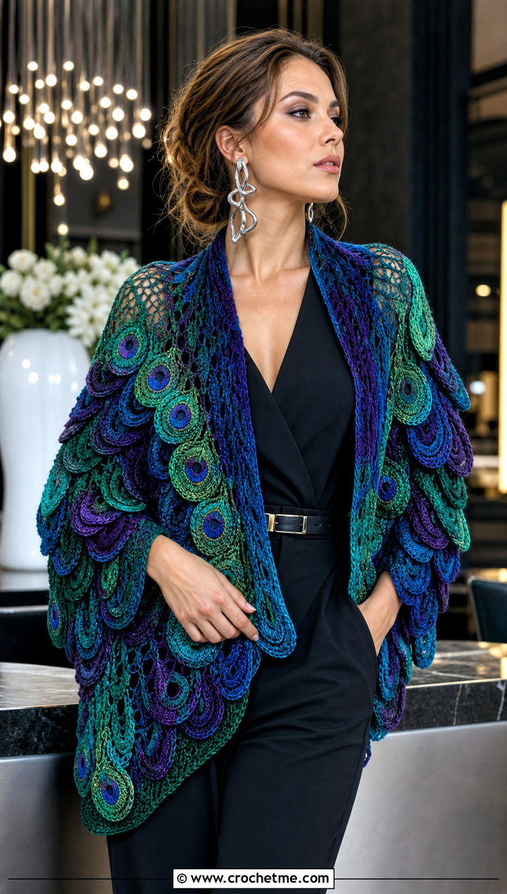 Peacock Feather Crochet Shawl With Black Jumpsuit - 30 crochet feather shawl outfit ideas