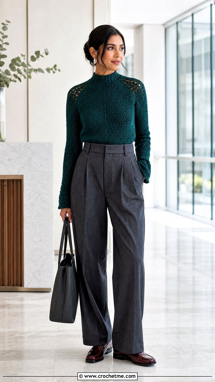 Peacock Green Crochet High Neck Top With Pinstripe Pants - 35 crochet green top outfit ideas